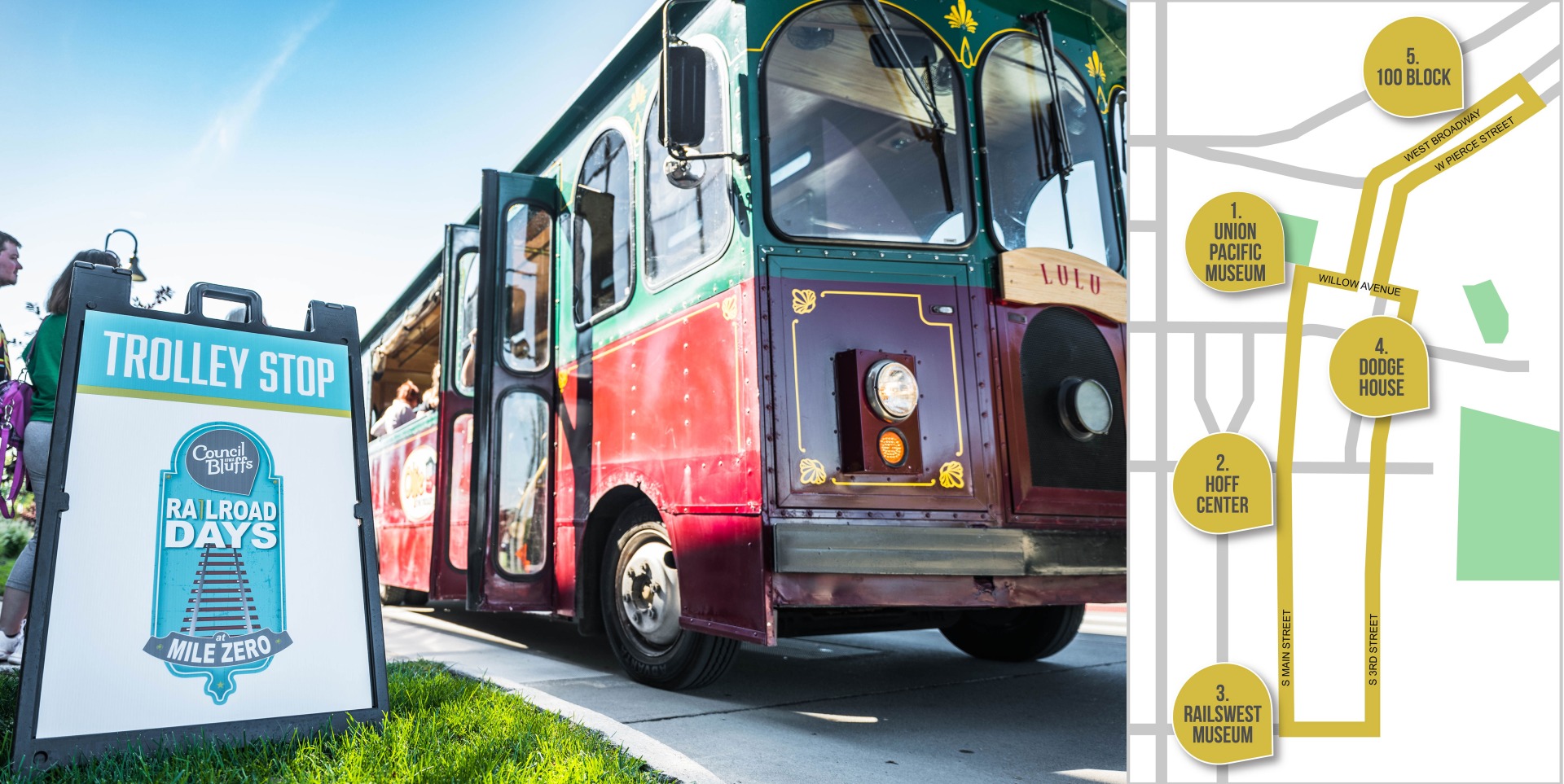 Guests board a trolley during Railroad Days. Trolley map