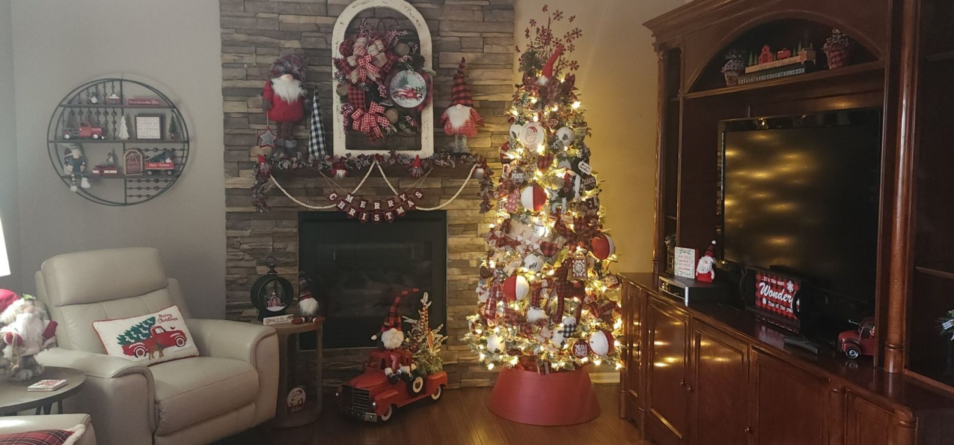 Red, white, and plaid patterns flourish in Christmas decor
