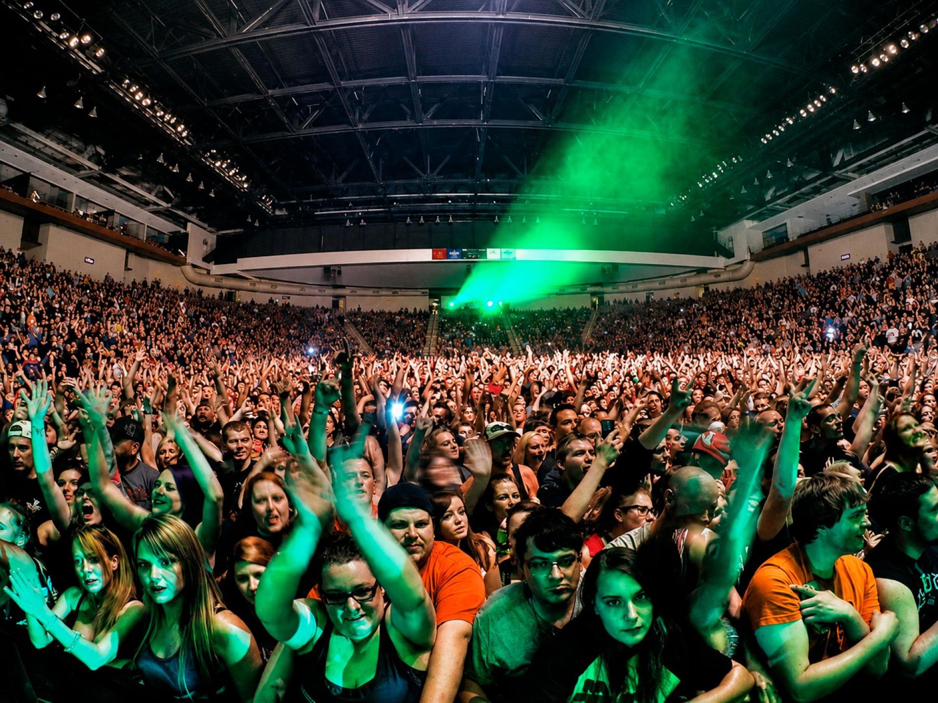 A large crowd celebrates inside the Mid-America Center