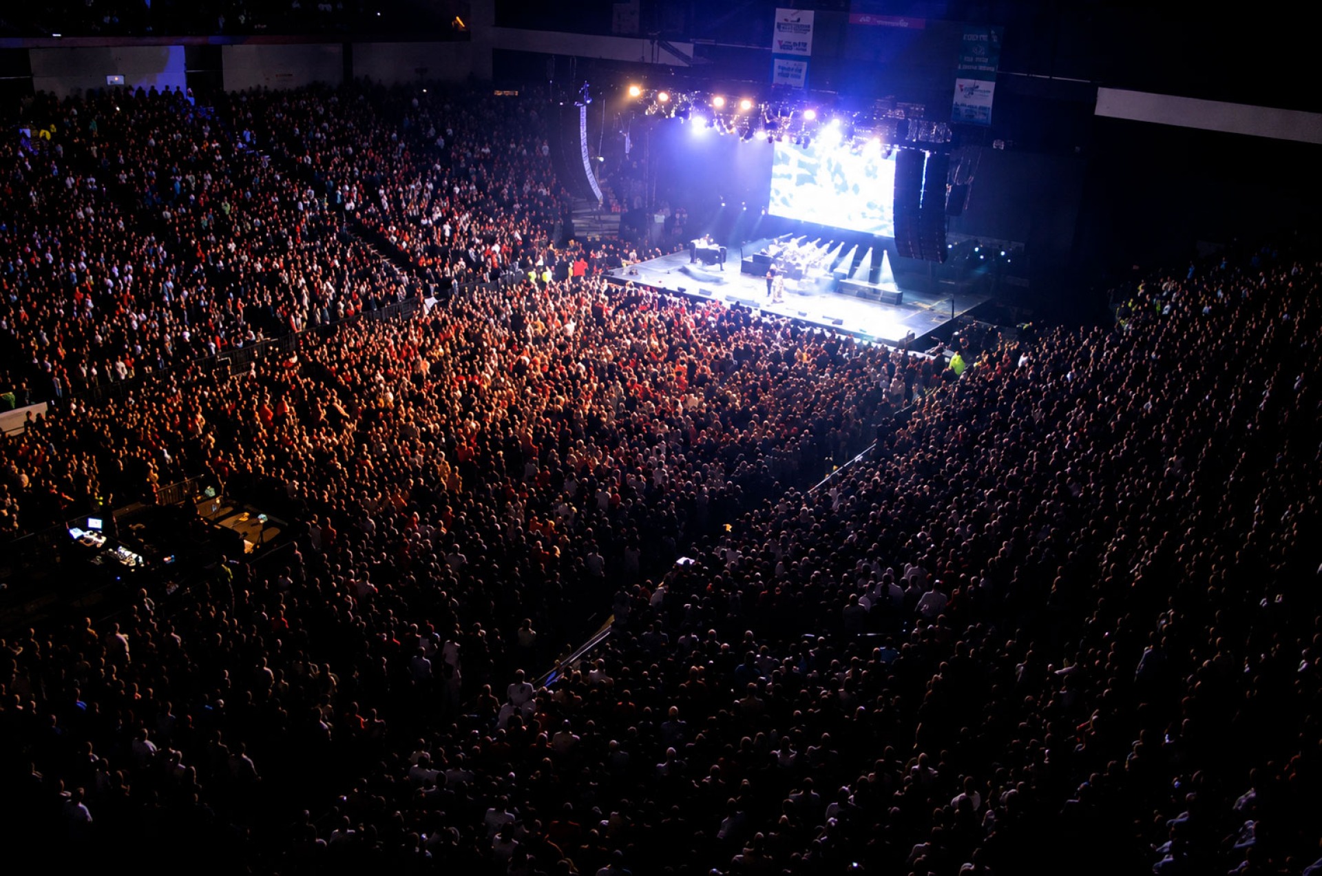 A large crowd celebrates inside the Mid-America Center