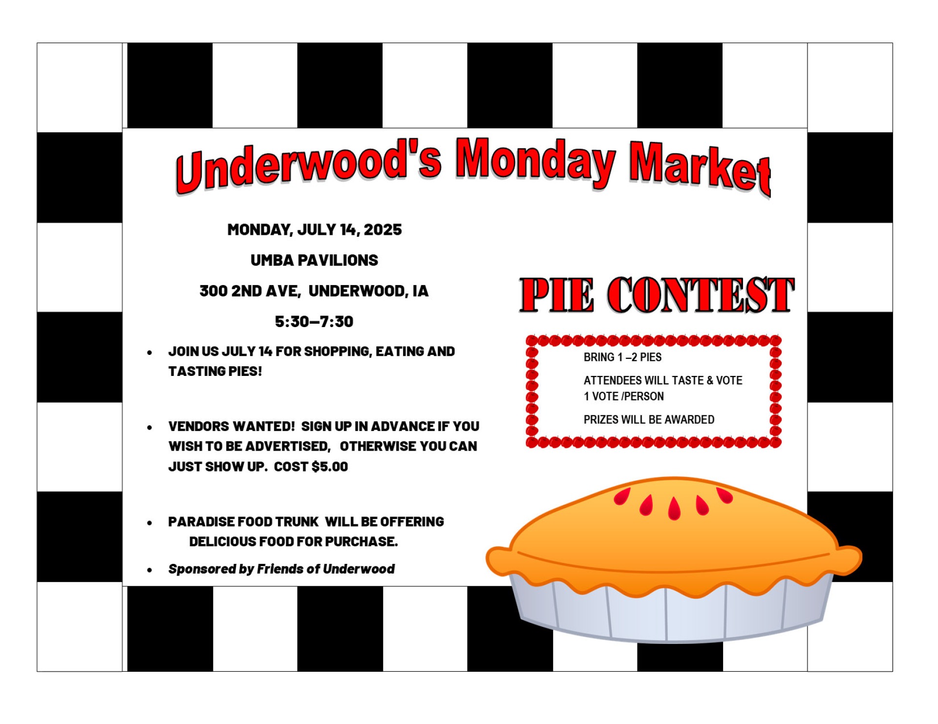 July 14 flyer featuring pie contest and seeking vendors