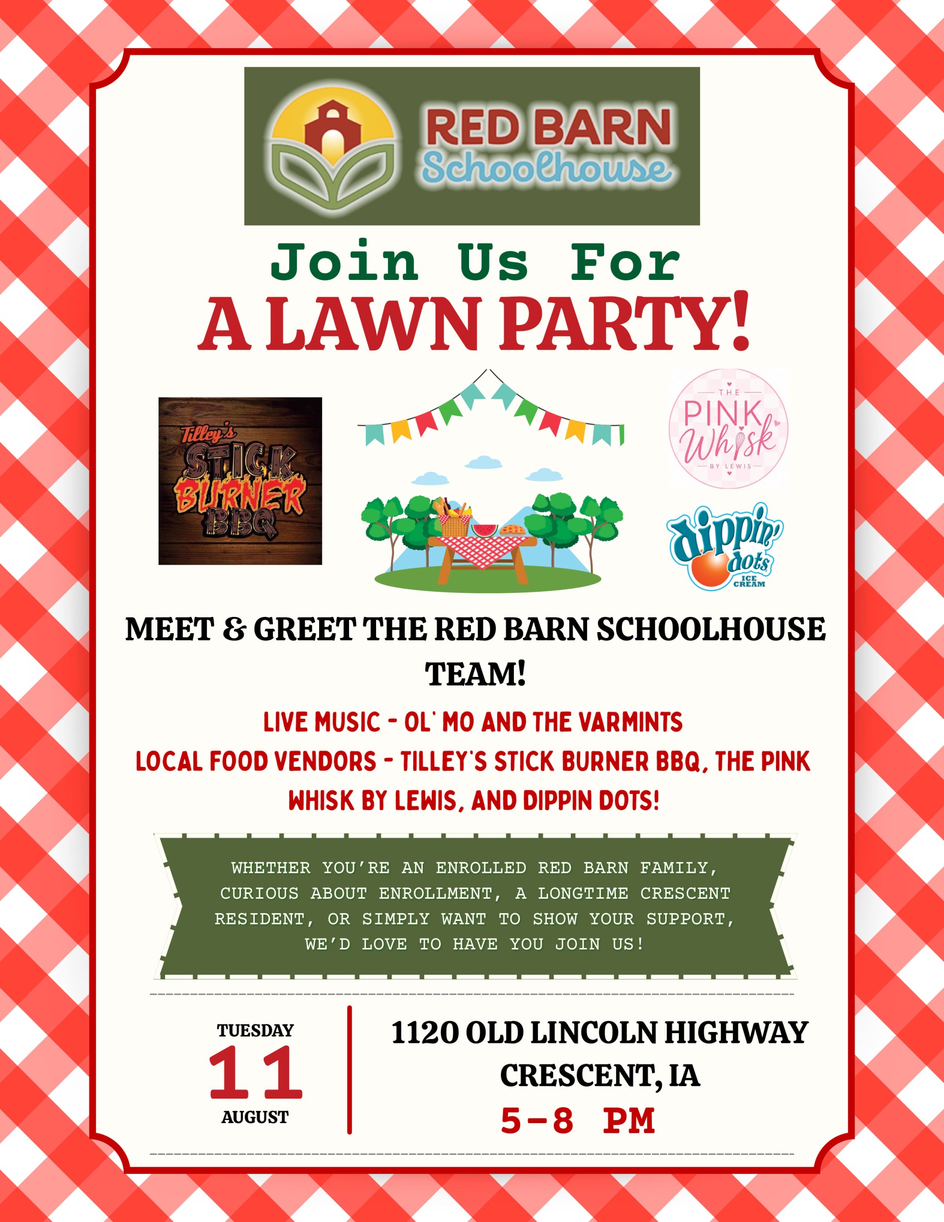 Red Barn Schoolhouse Lawn Party, Aug 11, 5-8 pm