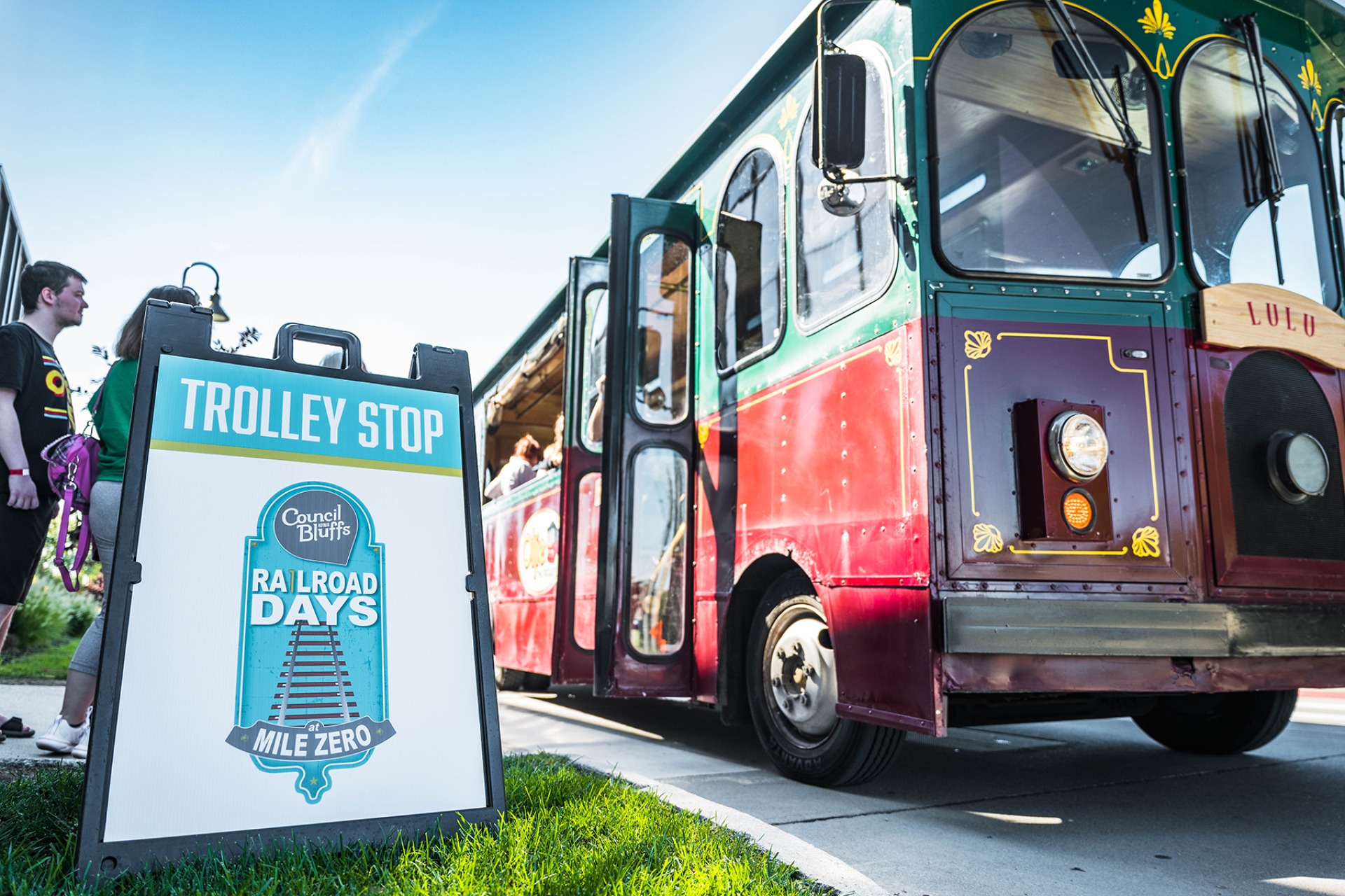 Guests board a trolley during Railroad Days