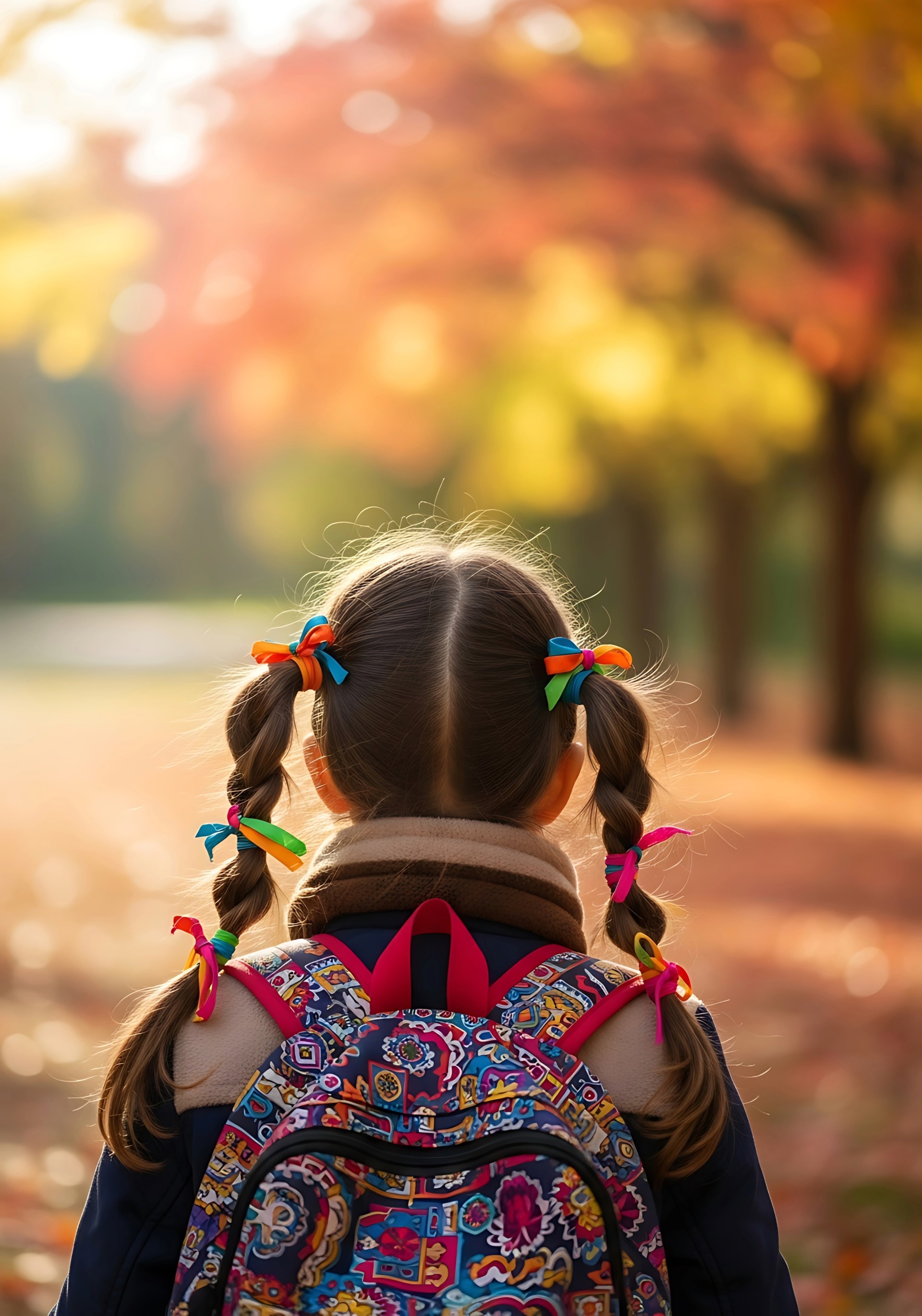 a young child walks with a backpack in the fall