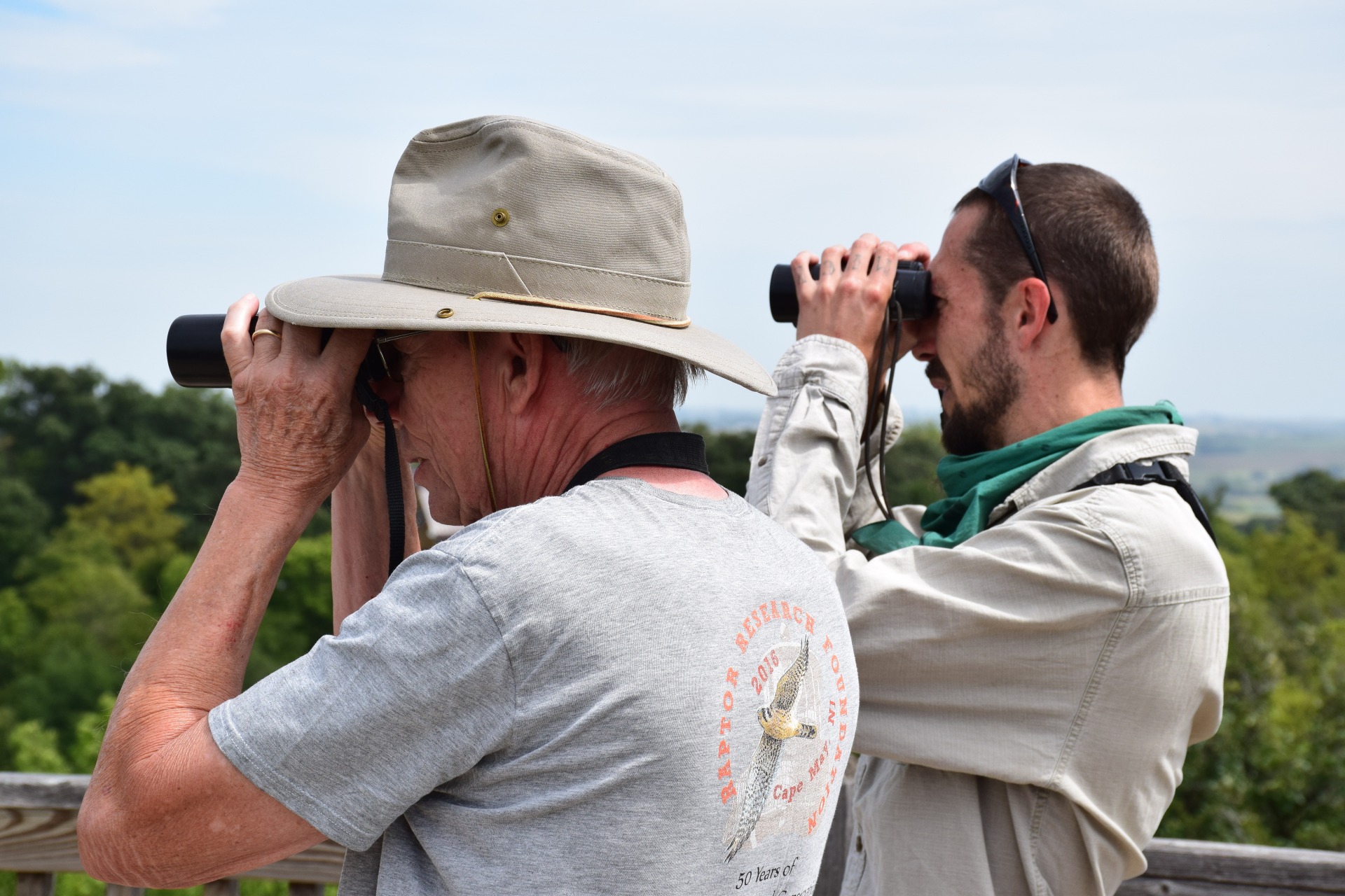 HawkWatchers look to the skies for migrating raptors atop Hitchcock's observation tower.